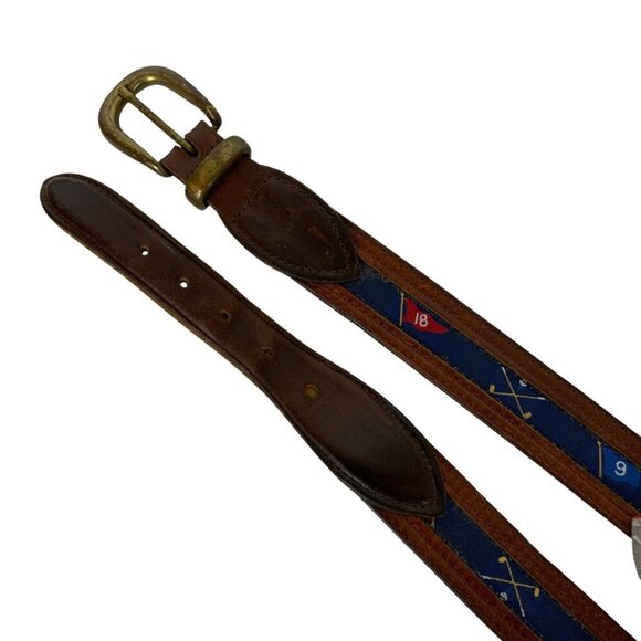 YRI Mens Golf Belt Canvas Leather Tabs Size 42/105 Brown Blue Brass Buckle - Picture 2 of 4
